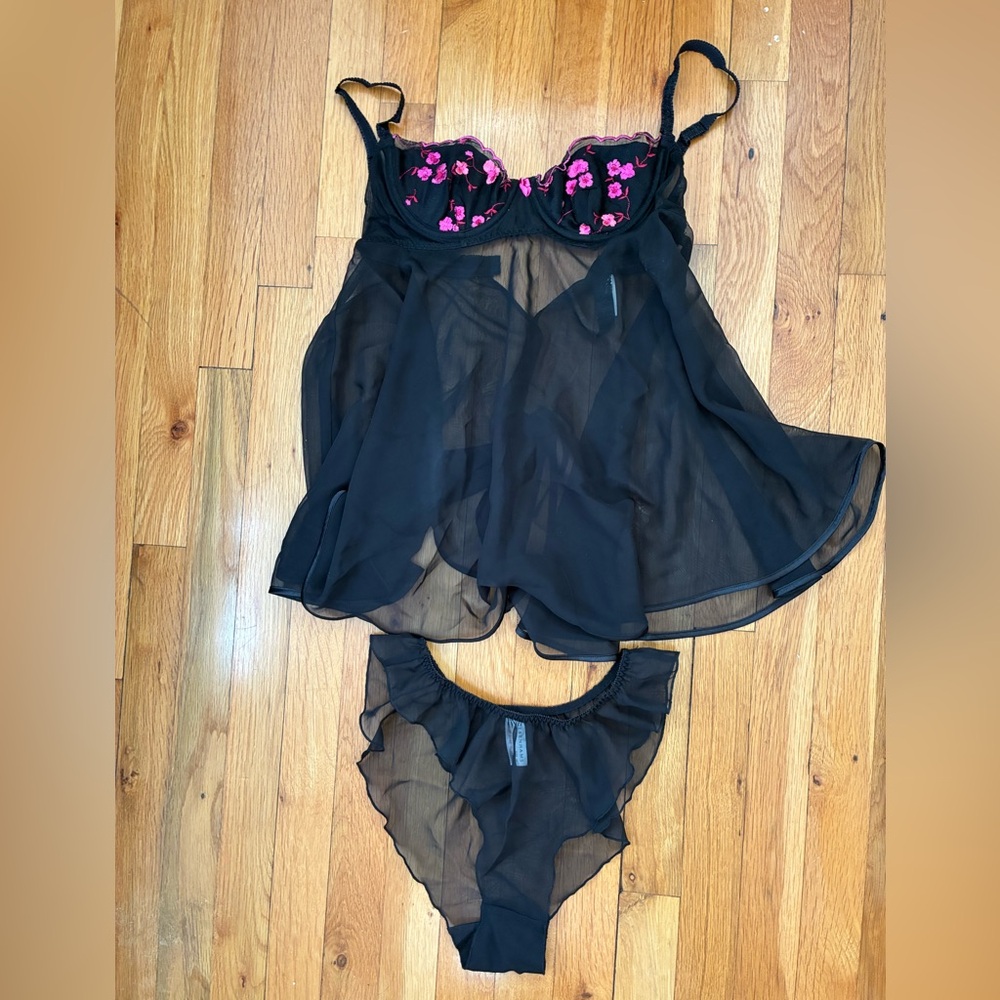 Debenhams - Sheer Black Chemise with Pink Floral Accents